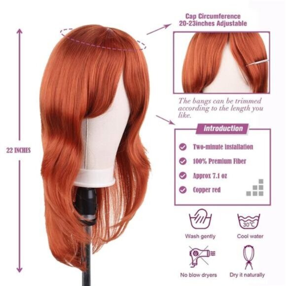 Copper red Wig with Bangs 22 Inch Long Straight Layered Wig